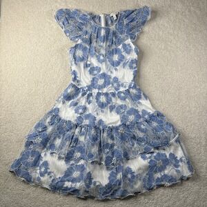 ML Monique Lhuillier White Blue Lace Cap Sleeve Mini Dress Floral Layered Size 2